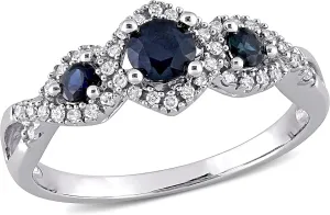 0.7 Carat Diamond And Three Blue Sapphire Round Bridal Engagement Rings Women 10KT White Gold Anniversary And Wedding Prong Setting (Blue Gem CTW 0.50, Clarity I1-I2, Color HI)
