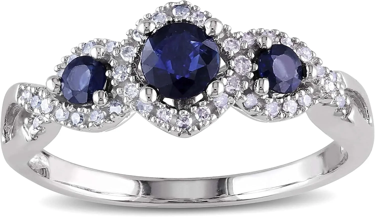 0.7 Carat Diamond And Three Blue Sapphire Round Bridal Engagement Rings Women 10KT White Gold Anniversary And Wedding Prong Setting (Blue Gem CTW 0.50, Clarity I1-I2, Color HI)