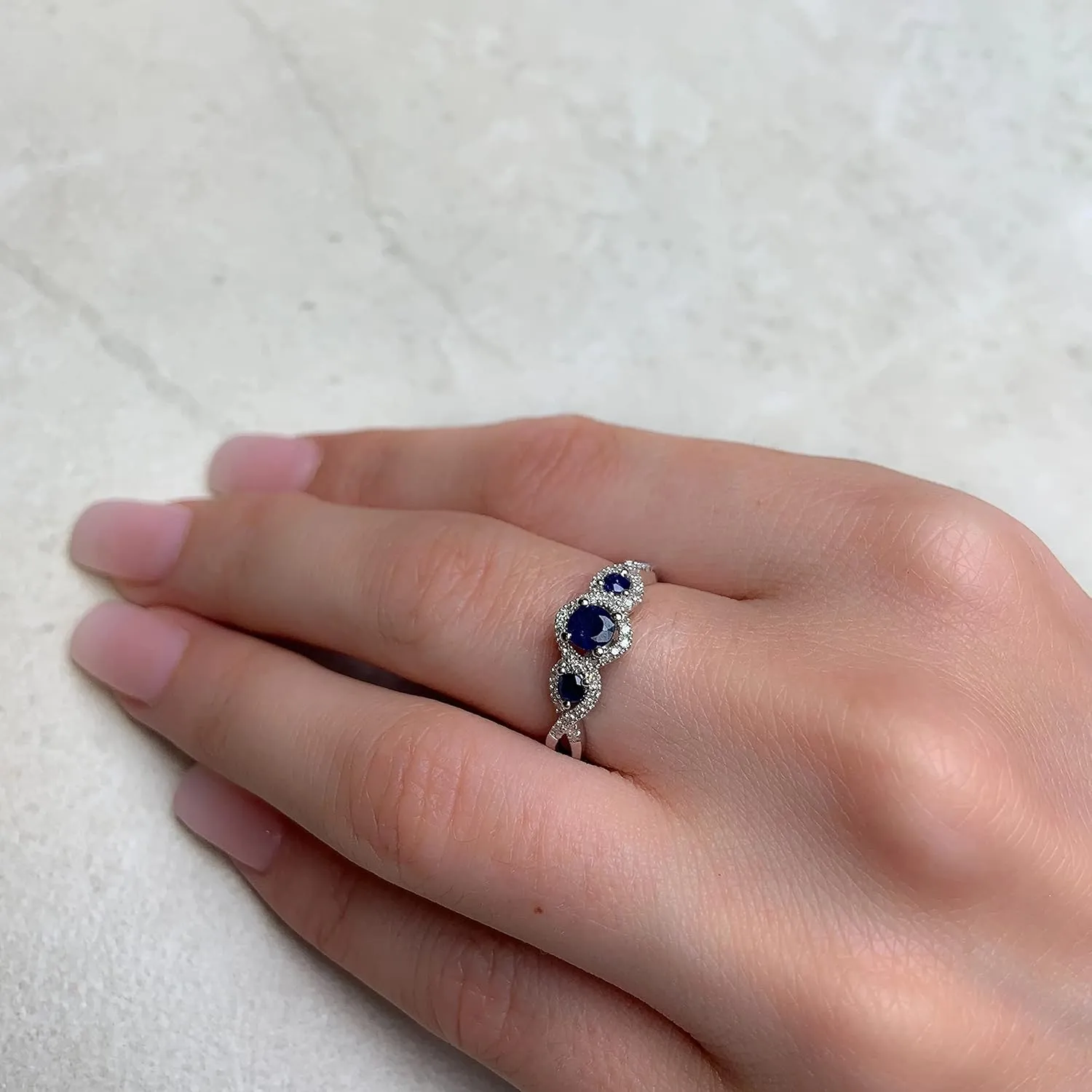 0.7 Carat Diamond And Three Blue Sapphire Round Bridal Engagement Rings Women 10KT White Gold Anniversary And Wedding Prong Setting (Blue Gem CTW 0.50, Clarity I1-I2, Color HI)