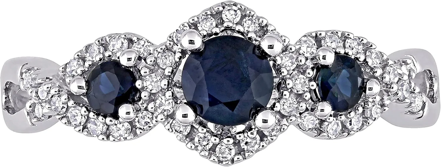 0.7 Carat Diamond And Three Blue Sapphire Round Bridal Engagement Rings Women 10KT White Gold Anniversary And Wedding Prong Setting (Blue Gem CTW 0.50, Clarity I1-I2, Color HI)