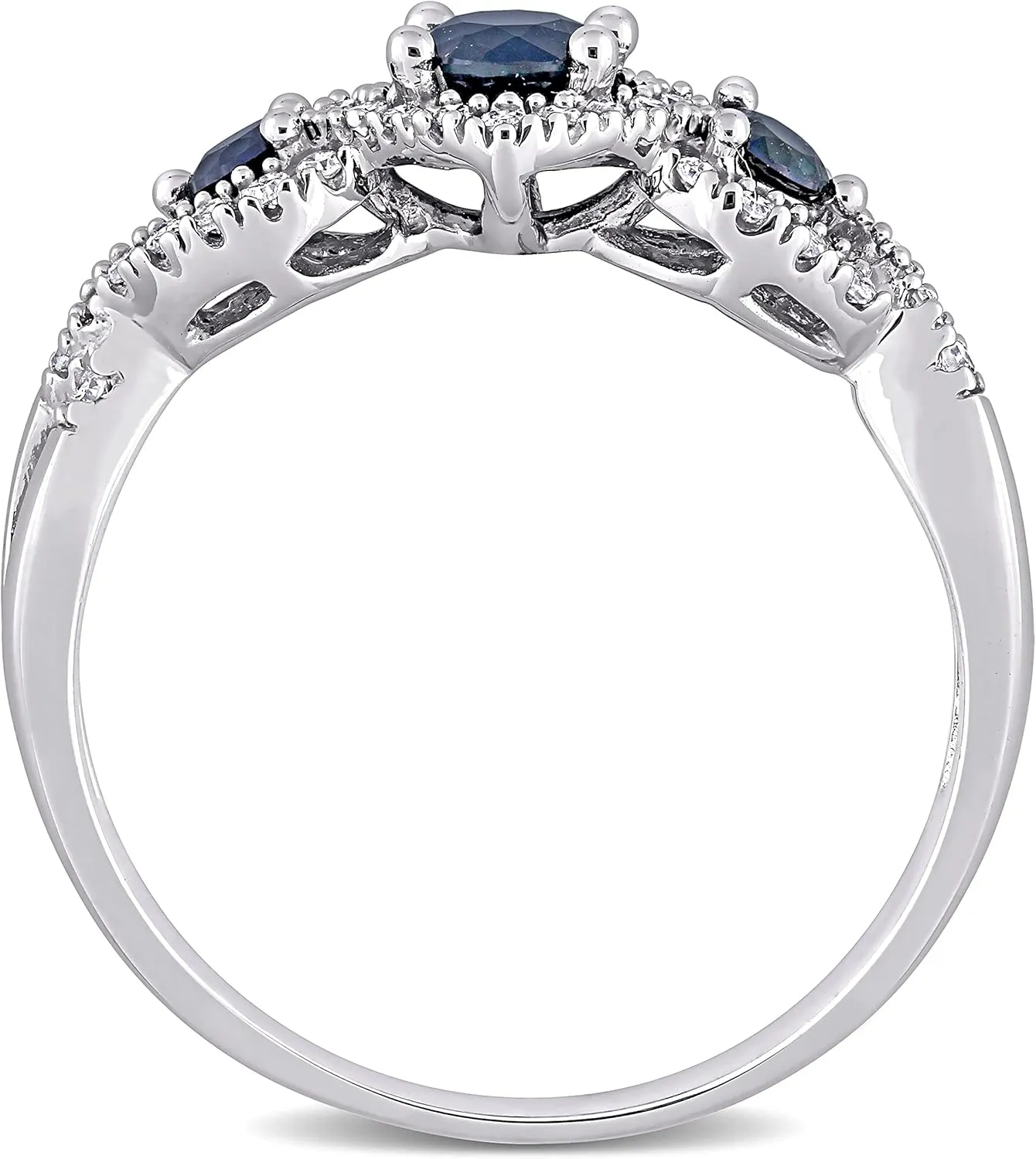 0.7 Carat Diamond And Three Blue Sapphire Round Bridal Engagement Rings Women 10KT White Gold Anniversary And Wedding Prong Setting (Blue Gem CTW 0.50, Clarity I1-I2, Color HI)