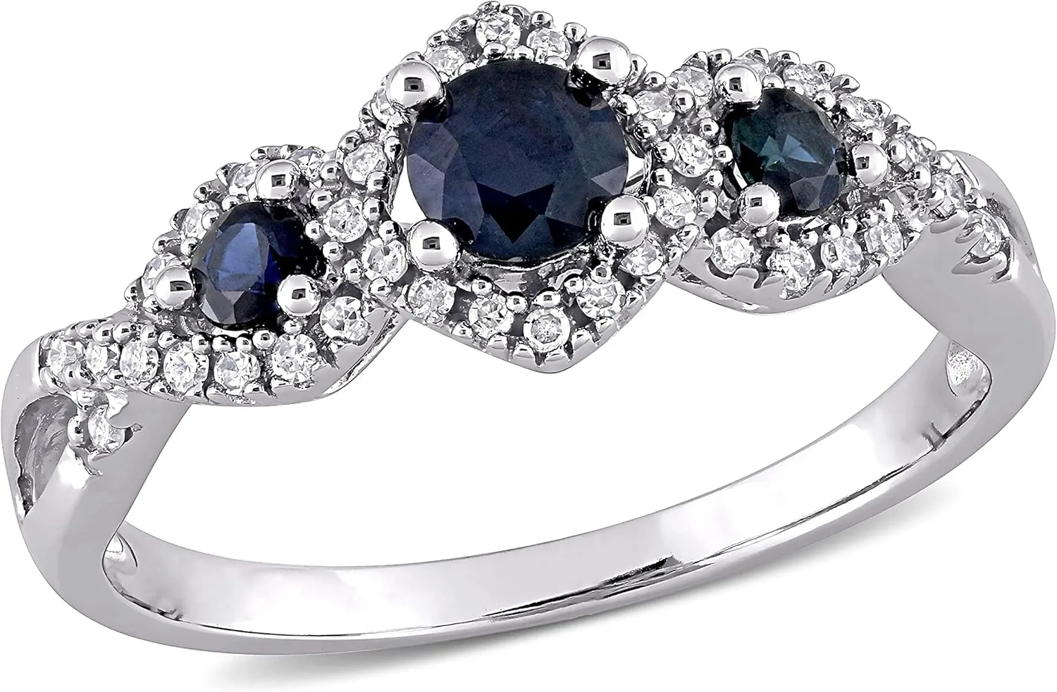 0.7 Carat Diamond And Three Blue Sapphire Round Bridal Engagement Rings Women 10KT White Gold Anniversary And Wedding Prong Setting (Blue Gem CTW 0.50, Clarity I1-I2, Color HI)