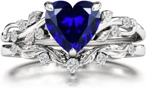 10K 14K 18K Solid Gold Heart Gemstone Engagement Ring Set for Women Leaf Art Deco Ring Set Heart Cut Vintage Vine Gemstone Bridal Wedding Promise Ring Set Size4~15