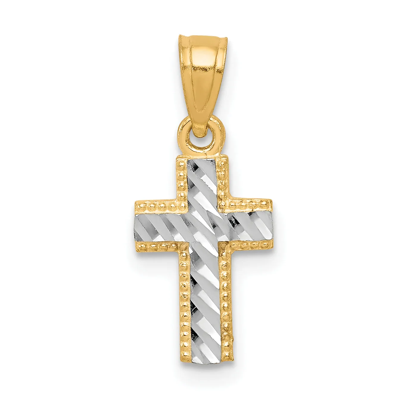 10K Gold and Rhodium Tiny Diamond-Cut Cross Pendant, Polished Finish