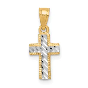 10K Gold and Rhodium Tiny Diamond-Cut Cross Pendant, Polished Finish