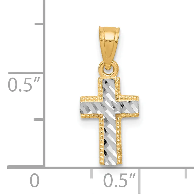 10K Gold and Rhodium Tiny Diamond-Cut Cross Pendant, Polished Finish