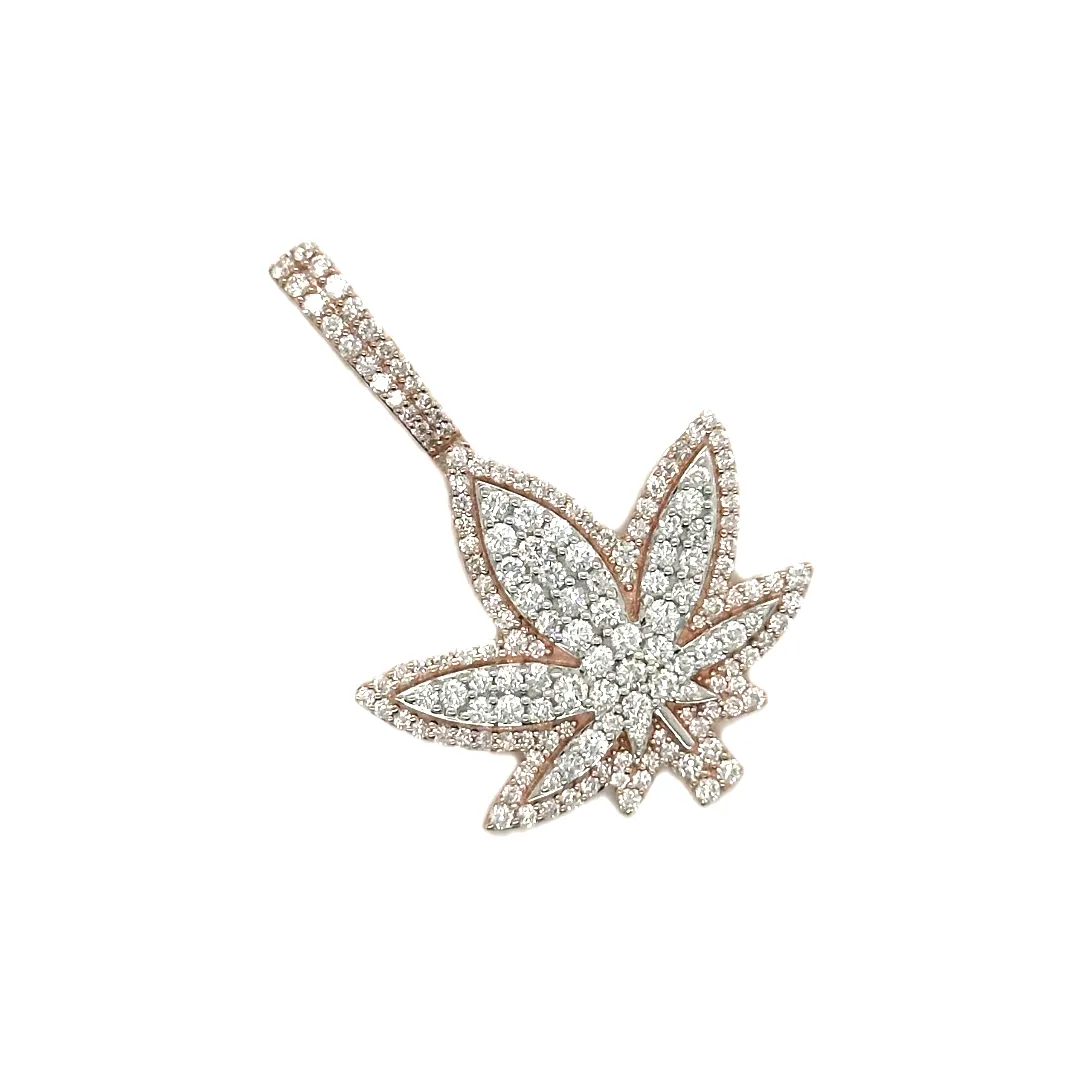 10K Rose Gold Marijuana Leaf Diamond Pendant 1.87 CT 1.5"