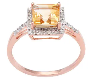 10k Rose Gold Square Citrine and Diamond Halo Ring