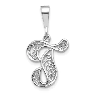 10K White Gold Filigree Initial T Pendant with Rhodium Finish Elegant Charm