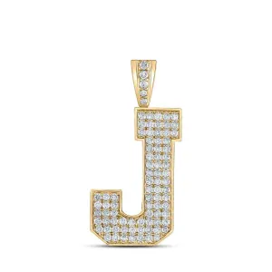 10kt Yellow Gold Men's Round Diamond J Initial Letter Charm Pendant 1-3/8 Cttw - Exquisite Masculine Elegance