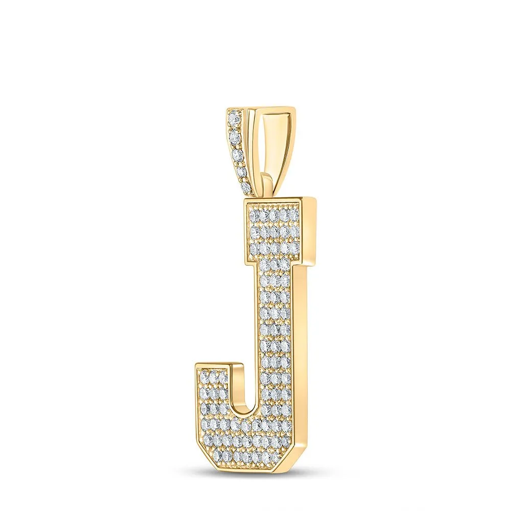10kt Yellow Gold Men's Round Diamond J Initial Letter Charm Pendant 1-3/8 Cttw - Exquisite Masculine Elegance