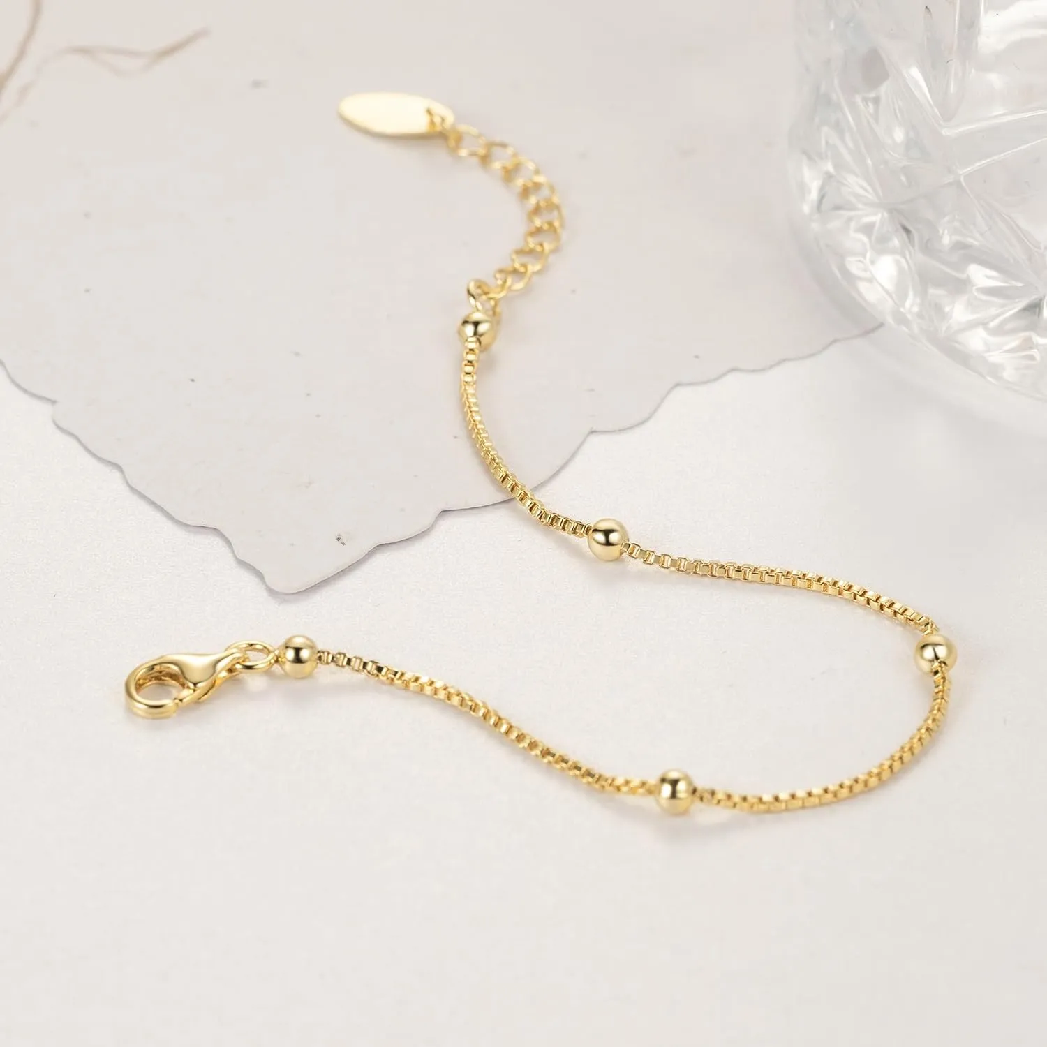 14K Gold Bracelets for Women Adjustable Womens Bracelet Ball Station Chain Stackable Bracelets for Womens Men Bracelet Jewelry 6.5-9 Inches Including Extension Chain