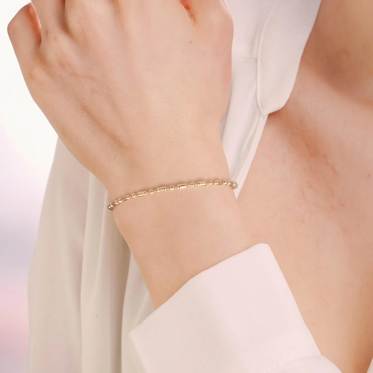 14k Gold Bracelets for Women Chain Chic 14k Gold Love Bracelet Beaded Charm Bracelets for Women with Lobster Clasp 6.5/7/7.5/8/9 in
