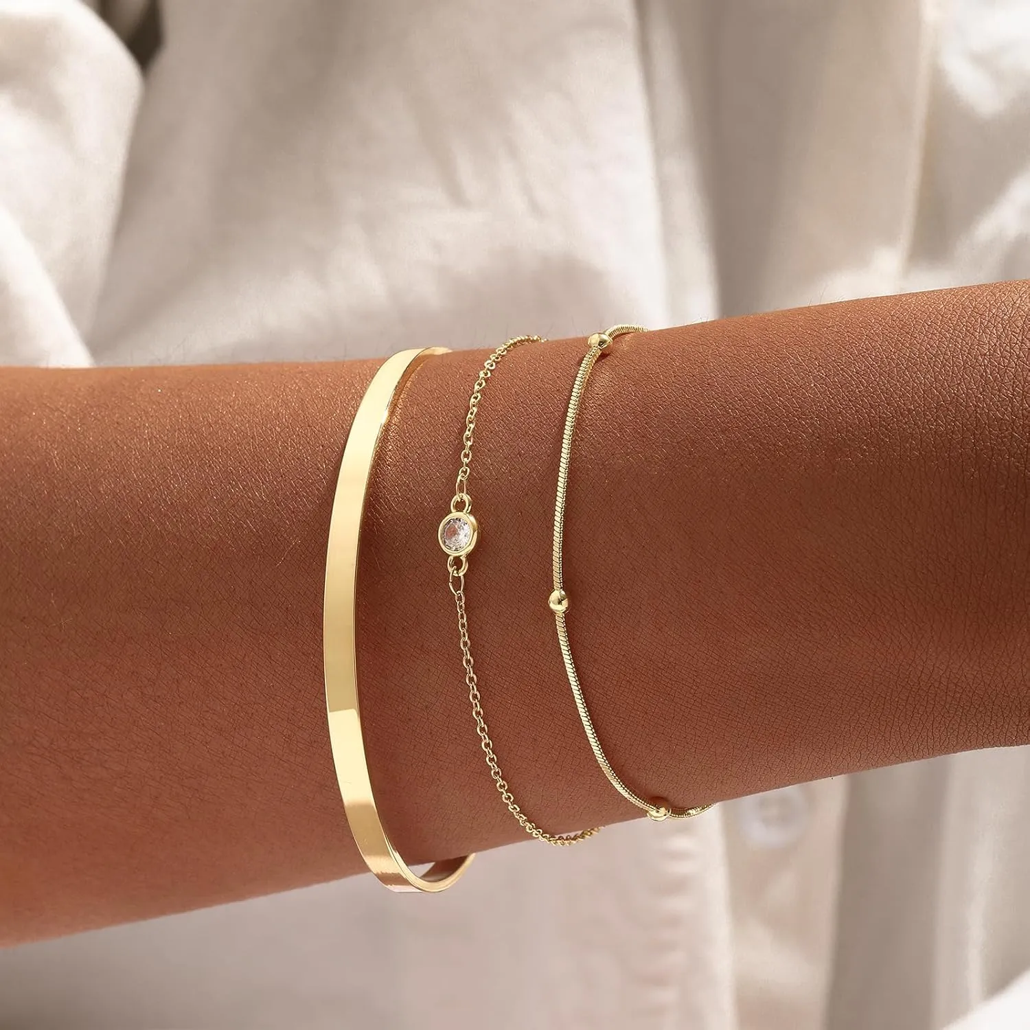 14K Gold Bracelets for Women Dainty Waterproof Jewelry Set Minimalist Stackable Herringbone Cuban Chain Fashion Charm Gold Bracelets Trendy Accessories for Gifts