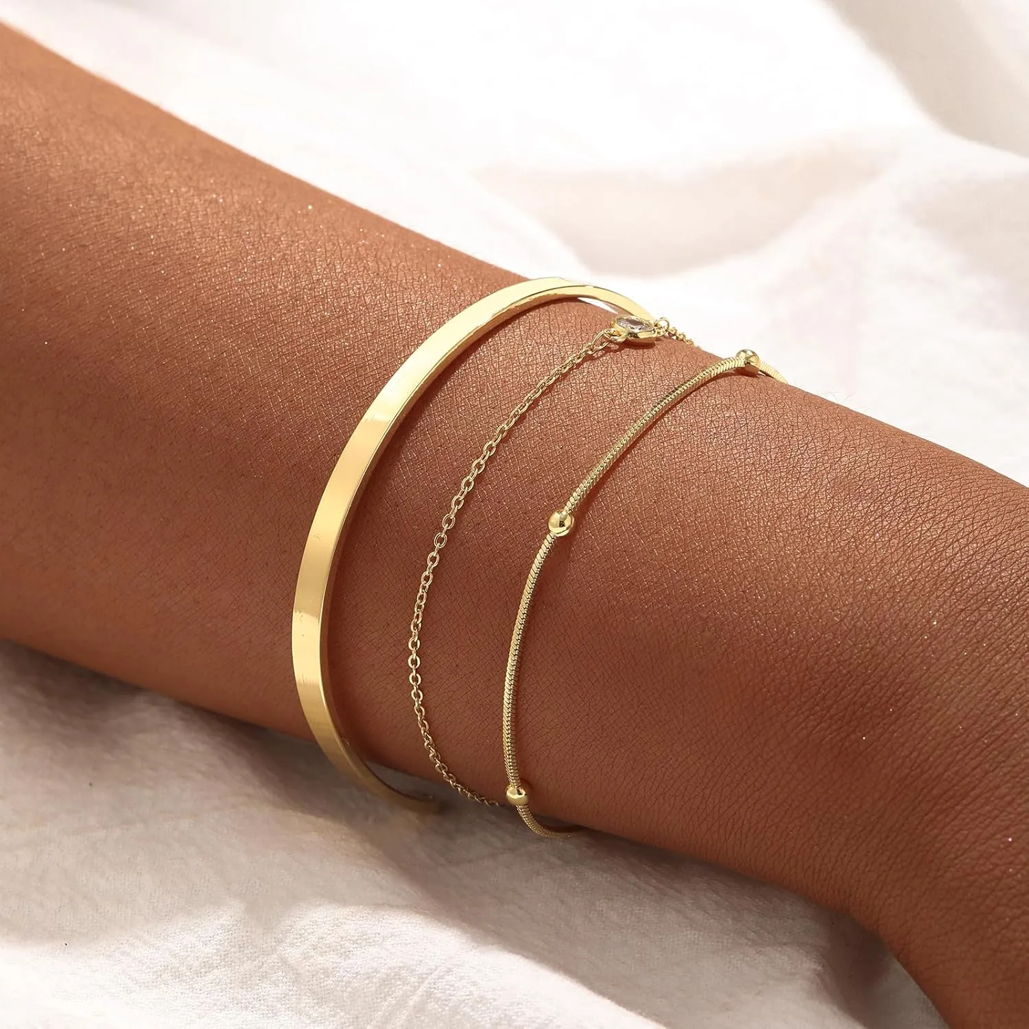14K Gold Bracelets for Women Dainty Waterproof Jewelry Set Minimalist Stackable Herringbone Cuban Chain Fashion Charm Gold Bracelets Trendy Accessories for Gifts