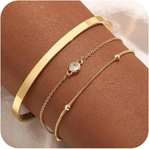 14K Gold Bracelets for Women Dainty Waterproof Jewelry Set Minimalist Stackable Herringbone Cuban Chain Fashion Charm Gold Bracelets Trendy Accessories for Gifts