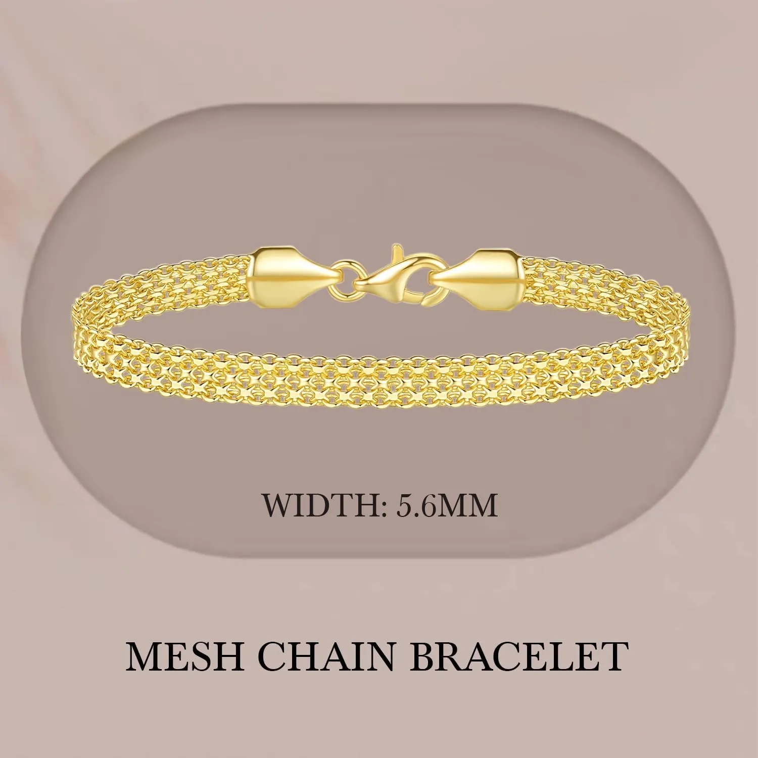 14K Gold Bracelets for Women Non Tarnish Mesh Link Chain for Womens 5.6mm Width Charm Bracelet for Men Jewelry Diamond Cut 5 Sizes (6.5" 7" 7.5" 8" 9")