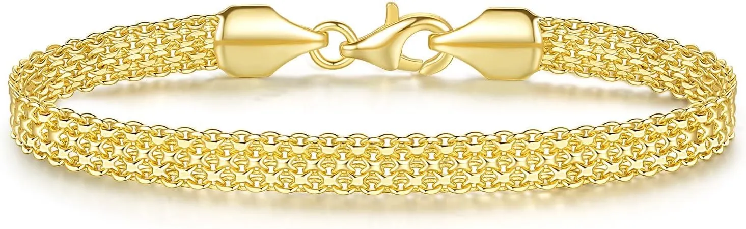 14K Gold Bracelets for Women Non Tarnish Mesh Link Chain for Womens 5.6mm Width Charm Bracelet for Men Jewelry Diamond Cut 5 Sizes (6.5" 7" 7.5" 8" 9")