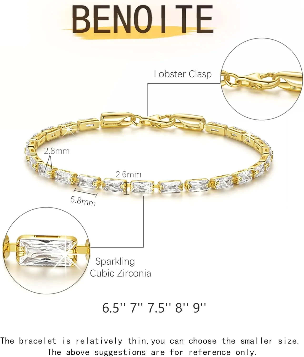 14K Gold Bracelets for Women Rectangle Cubic Zirconia Dainty Bracelet Non-Tarnish Gold Tennis Bracelets for Women Jewelry Unisex Sizes 6.5-9 Inches