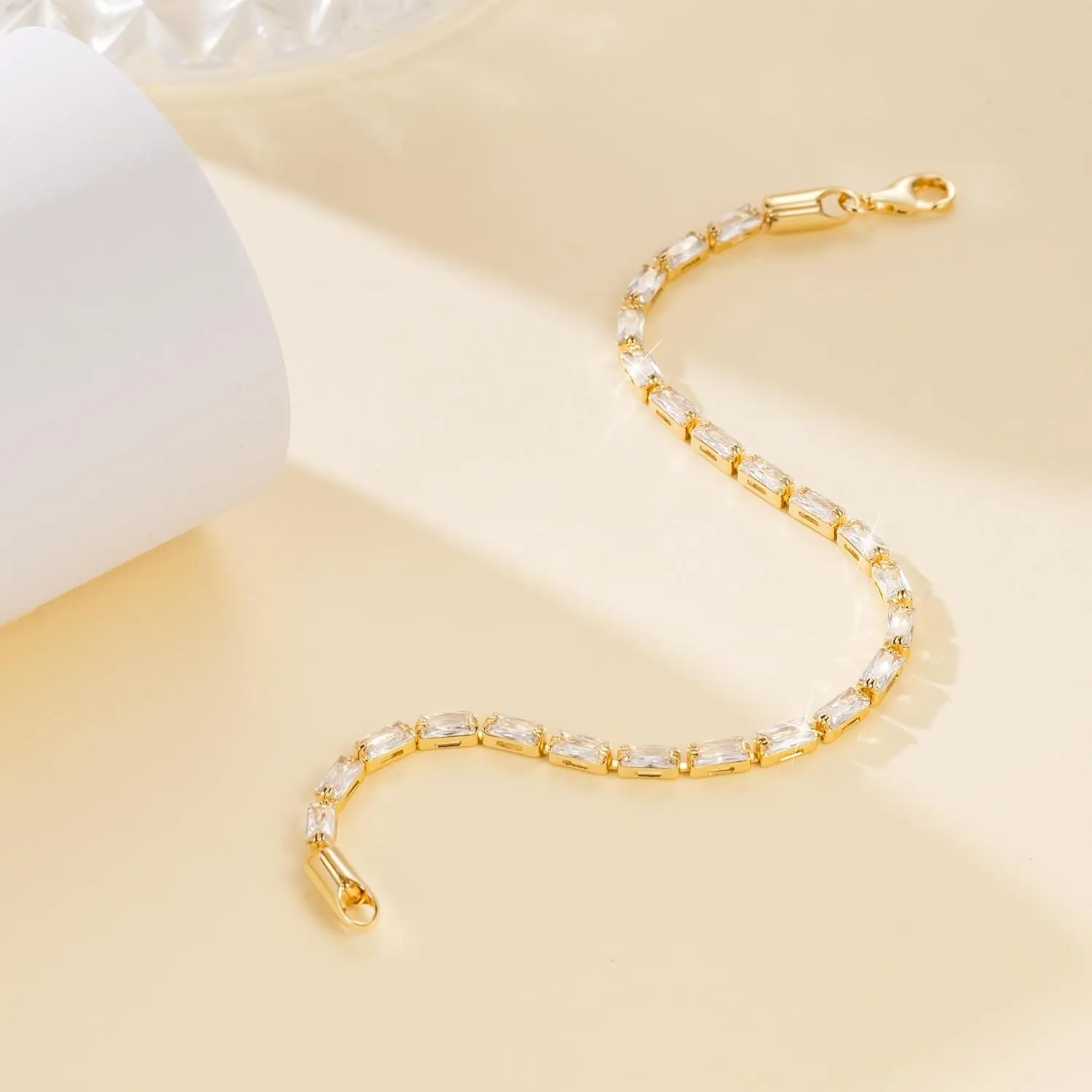 14K Gold Bracelets for Women Rectangle Cubic Zirconia Dainty Bracelet Non-Tarnish Gold Tennis Bracelets for Women Jewelry Unisex Sizes 6.5-9 Inches