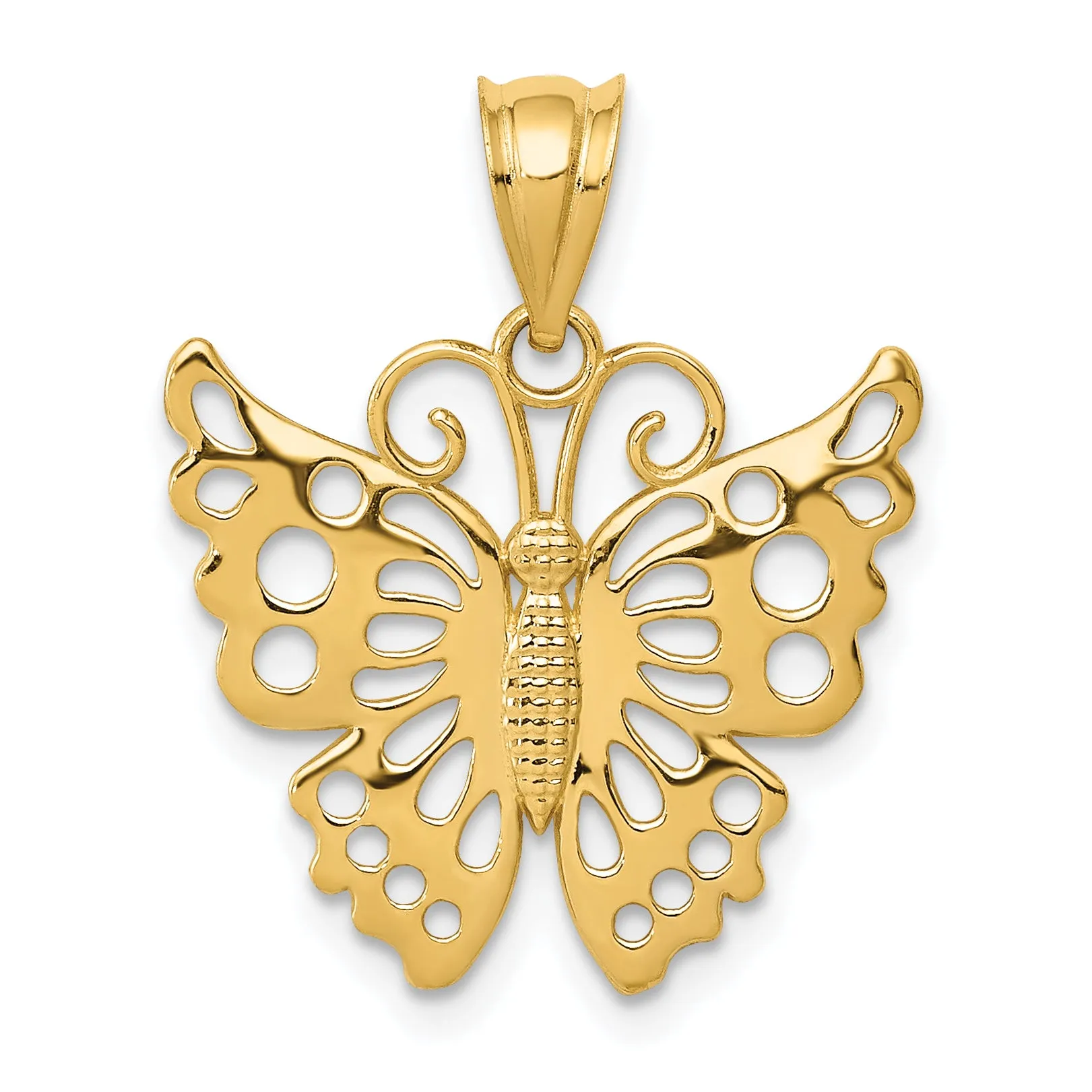 14K Gold Butterfly Pendant with Polished Finish and Open Back Design