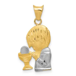 14K Gold Diamond-Cut Boy Communion Pendant with Rhodium Accent