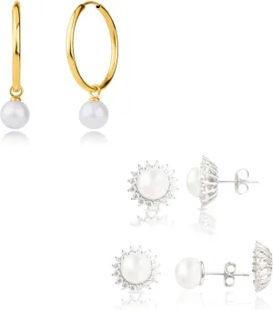 14k Gold Hoop and Sterling Silver Freshwater Pearl Stud Earrings for Women | Hypoallergenic Hoop with Removable Pearl Charm & Real Pearl Stud with Removable Cubic Zirconia Crown Jacket by MAX   STONE