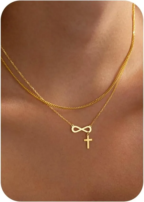 14K Gold Layered Cross Necklaces for Women,Tiny Small Sideways Cross Necklace Minimalist Christian Jewelry Gifts for Women Girls,2Pcs