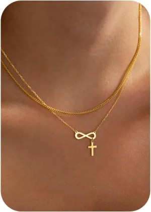 14K Gold Layered Cross Necklaces for Women,Tiny Small Sideways Cross Necklace Minimalist Christian Jewelry Gifts for Women Girls,2Pcs