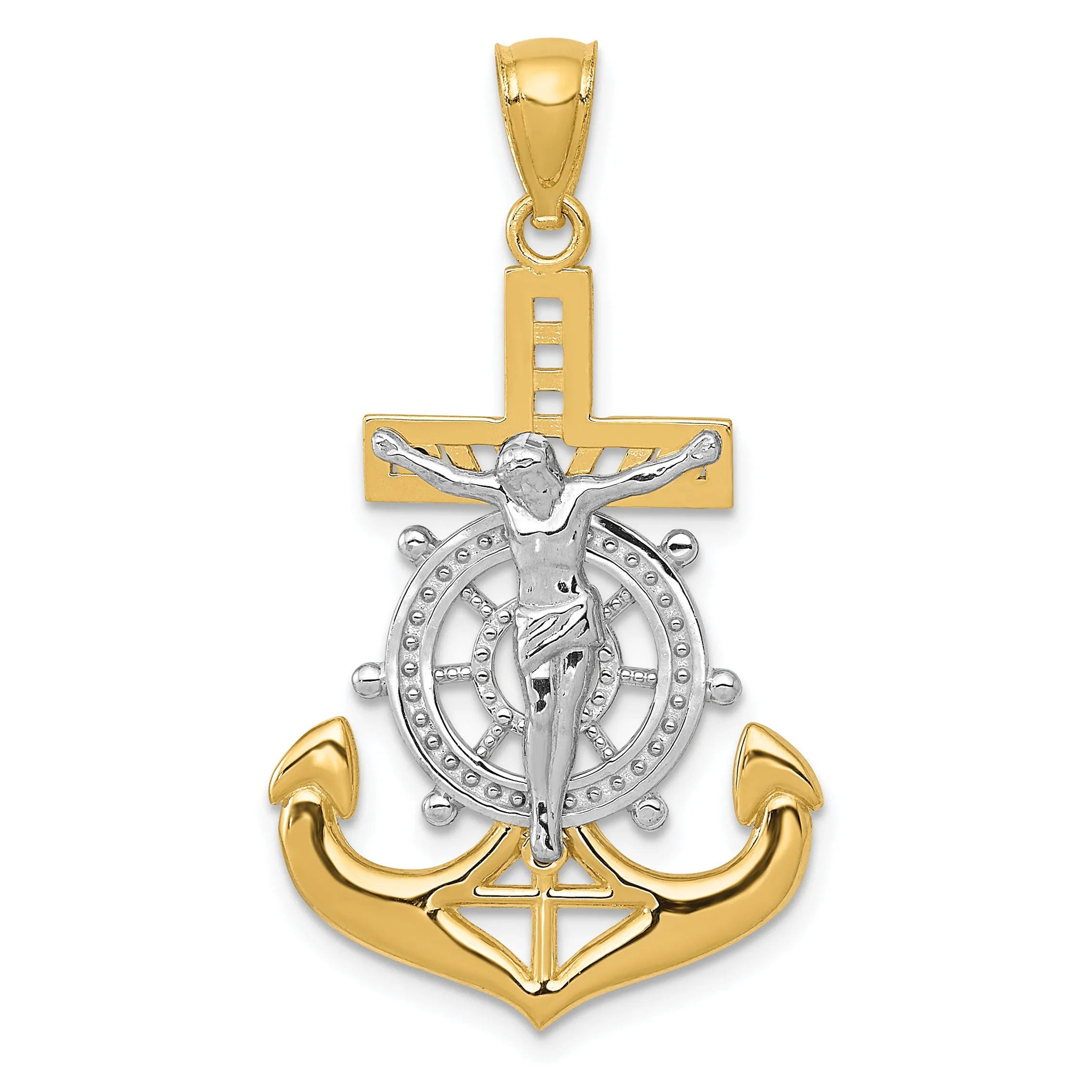 14K Gold Mariners Crucifix Pendant with Rhodium Polished Finish