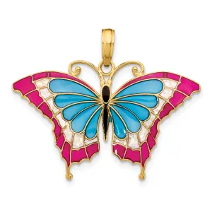 14K Gold Multi-Colored Enamel Butterfly Pendant Polished, Elegant