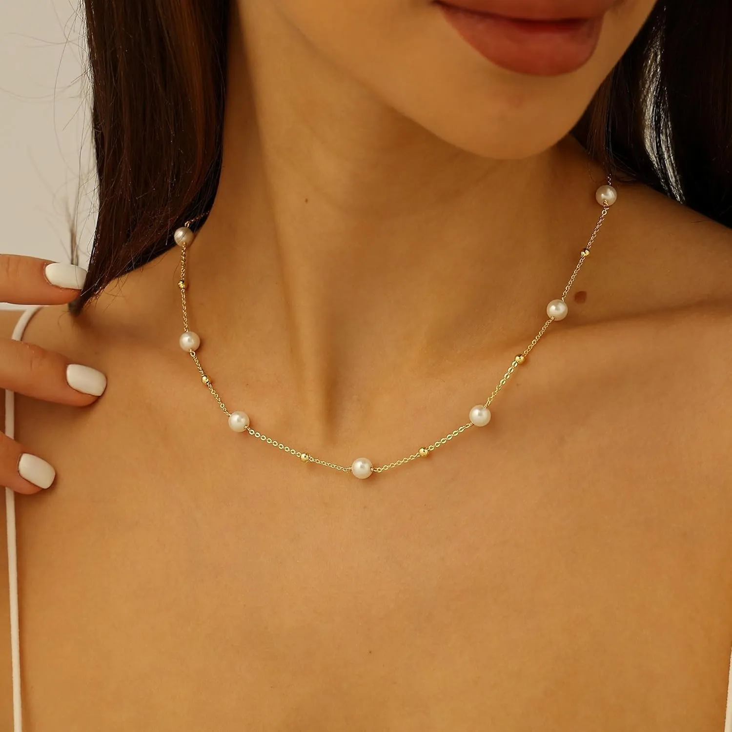 14K Gold or White Gold Plated Pearl Necklace for Women - Dainty Y-Necklace Choker 16.5 Inch