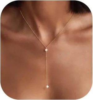 14K Gold or White Gold Plated Pearl Necklace for Women - Dainty Y-Necklace Choker 16.5 Inch
