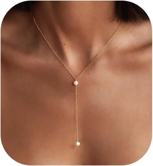14K Gold or White Gold Plated Pearl Necklace for Women - Dainty Y-Necklace Choker 16.5 Inch