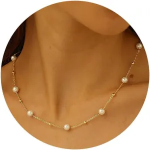 14K Gold or White Gold Plated Pearl Necklace for Women - Dainty Y-Necklace Choker 16.5 Inch