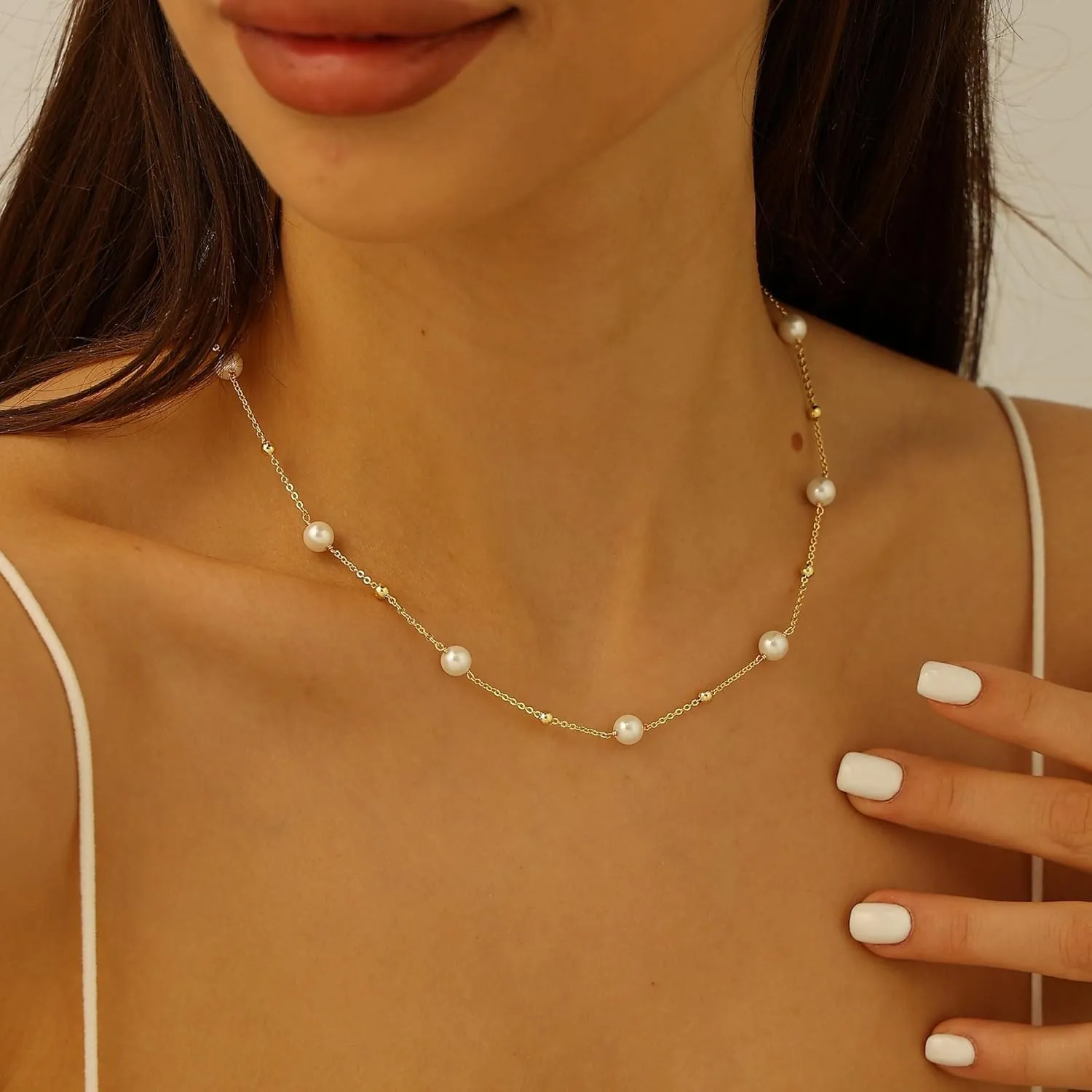 14K Gold or White Gold Plated Pearl Necklace for Women - Dainty Y-Necklace Choker 16.5 Inch