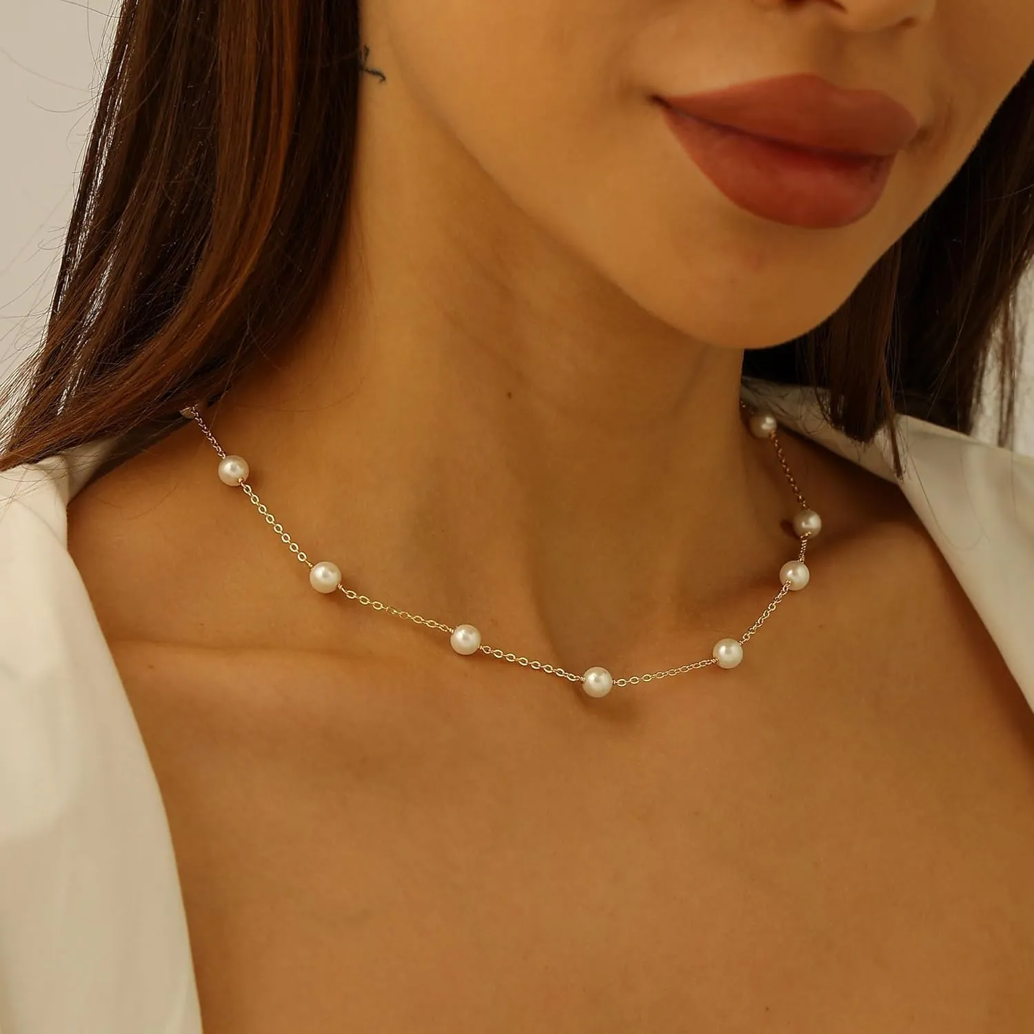 14K Gold or White Gold Plated Pearl Necklace for Women - Dainty Y-Necklace Choker 16.5 Inch