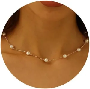 14K Gold or White Gold Plated Pearl Necklace for Women - Dainty Y-Necklace Choker 16.5 Inch