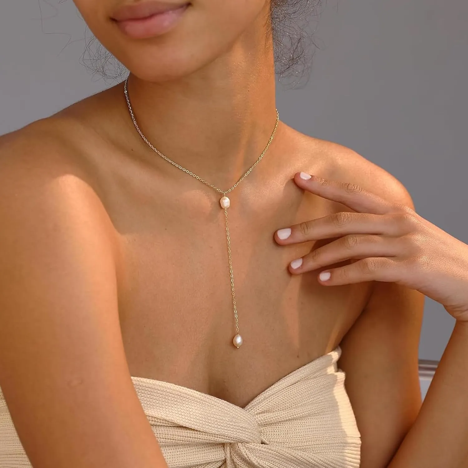 14K Gold or White Gold Plated Pearl Necklace for Women - Dainty Y-Necklace Choker 16.5 Inch