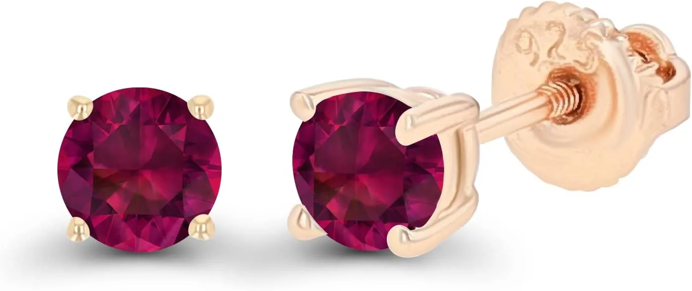 14K Gold Plated 925 Sterling Silver Hypoallergenic 4mm Round Genuine Birthstone Solitaire Screwback Stud Earrings