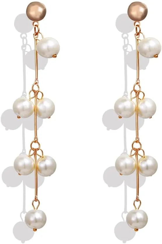 14K Gold Plated Long Pearl Earrings for Women White Pearl Drop Dangle Earring Hypoallergenic Elegant Wedding Pearl Tassel Earrings for Bridal