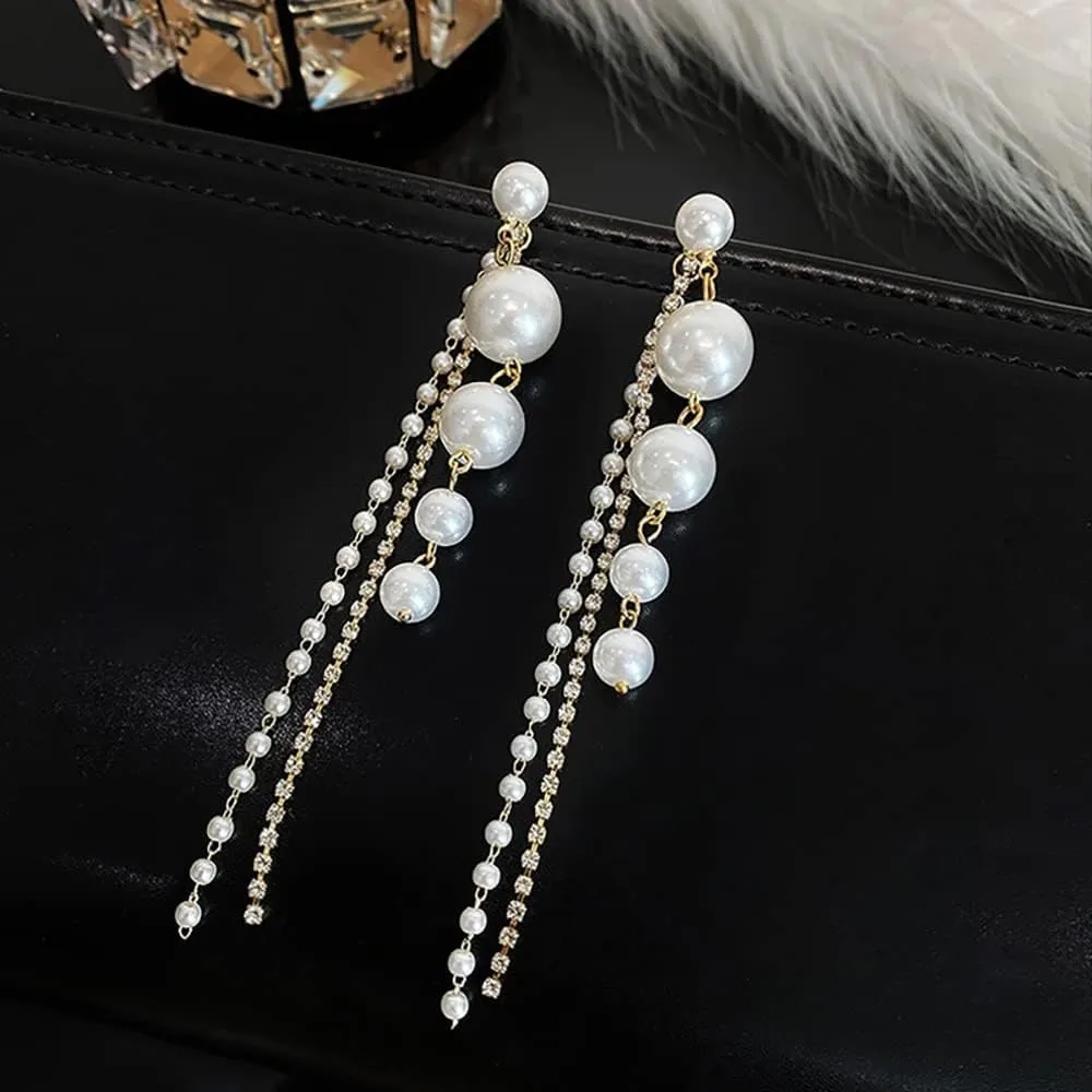 14K Gold Plated Long Pearl Earrings for Women White Pearl Drop Dangle Earring Hypoallergenic Elegant Wedding Pearl Tassel Earrings for Bridal