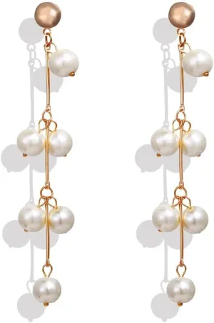 14K Gold Plated Long Pearl Earrings for Women White Pearl Drop Dangle Earring Hypoallergenic Elegant Wedding Pearl Tassel Earrings for Bridal