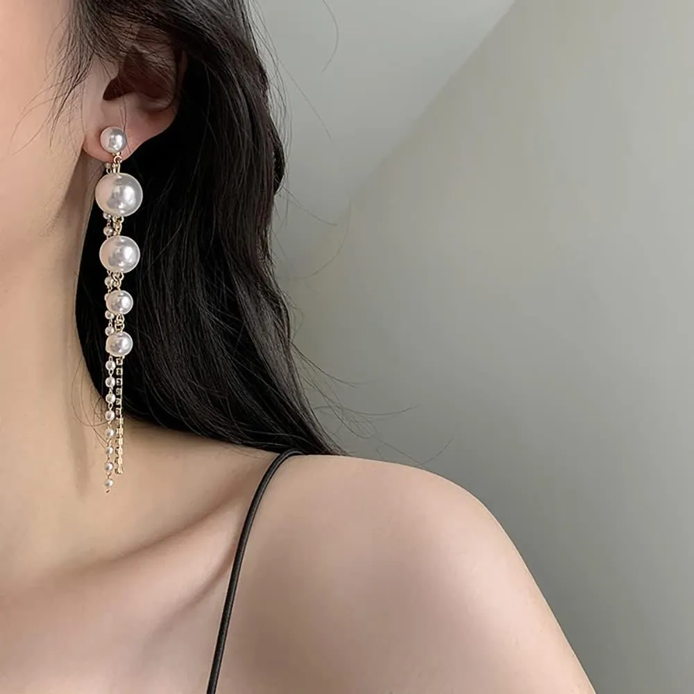 14K Gold Plated Long Pearl Earrings for Women White Pearl Drop Dangle Earring Hypoallergenic Elegant Wedding Pearl Tassel Earrings for Bridal