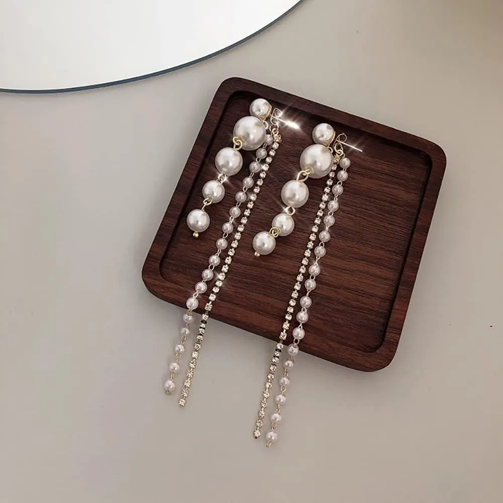 14K Gold Plated Long Pearl Earrings for Women White Pearl Drop Dangle Earring Hypoallergenic Elegant Wedding Pearl Tassel Earrings for Bridal