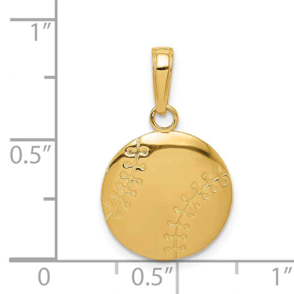 14K Gold Polished Baseball Pendant with Closed Back Textured Design