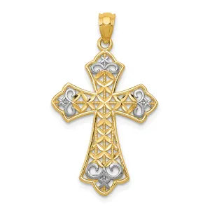 14K Gold Polished Filigree Cross Pendant with Rhodium Accents