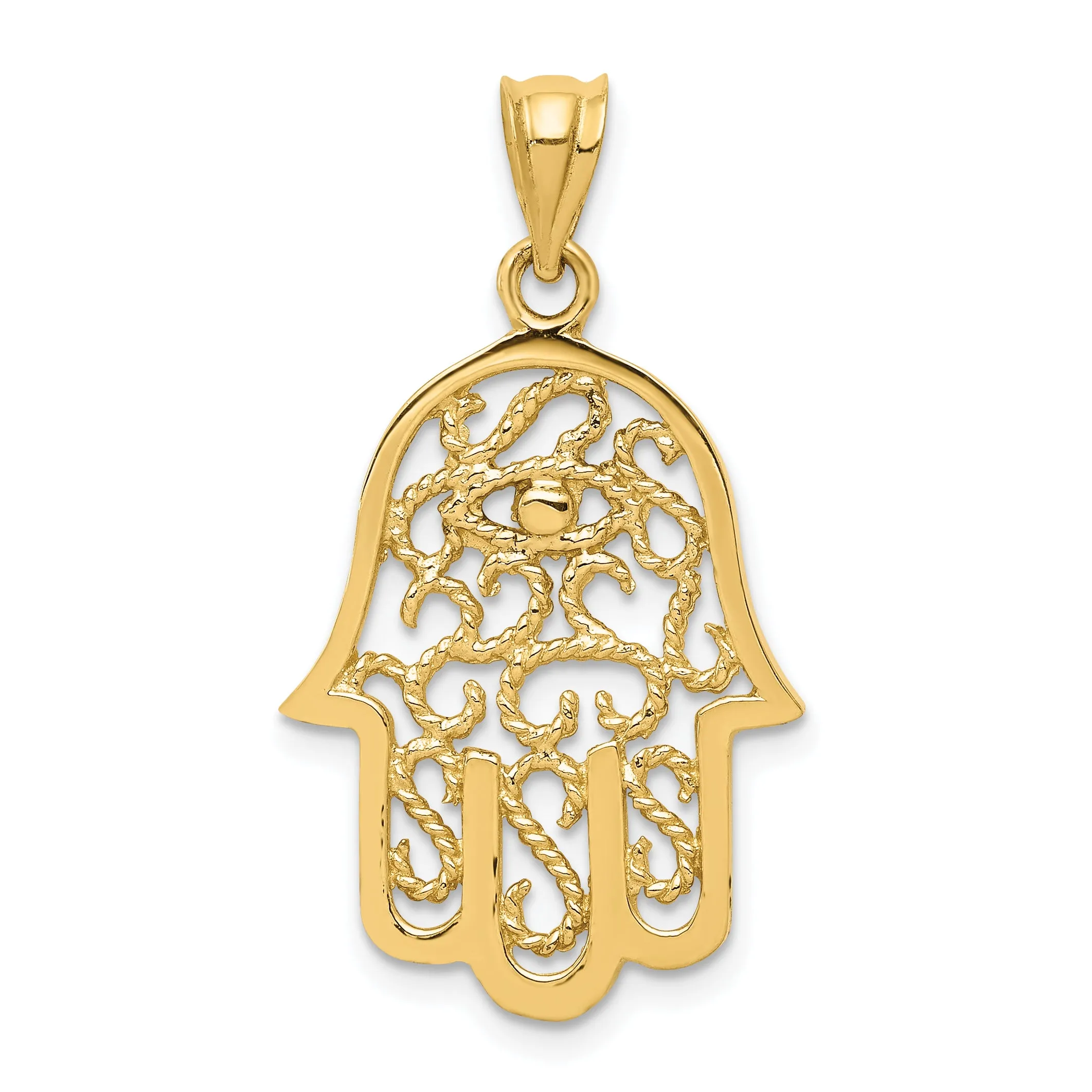 14K Gold Polished Filigree Hamsa Pendant with 3D Detailing