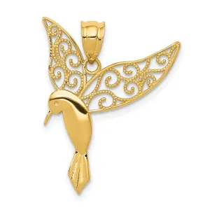 14K Gold Polished Hummingbird Pendant with Filigree Design