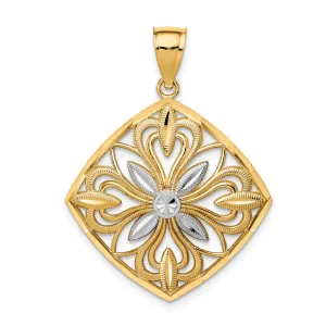 14K Gold Rhodium-Accented Fancy Square Charm with Diamond-Cut Design